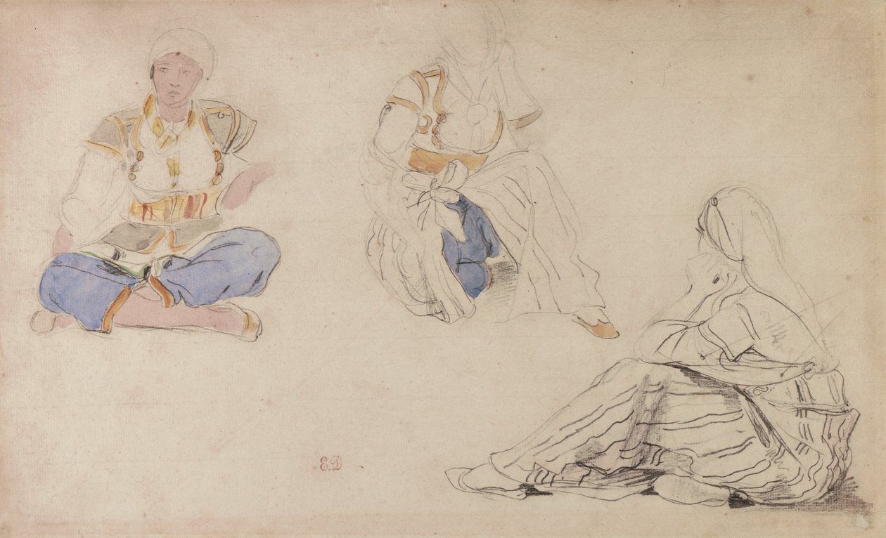 Kolme tutkimusta istuvasta marokkolaisesta tytöstä (musta lyijy ja akvarelli paperilla) af Ferdinand Victor Eugene Delacroix