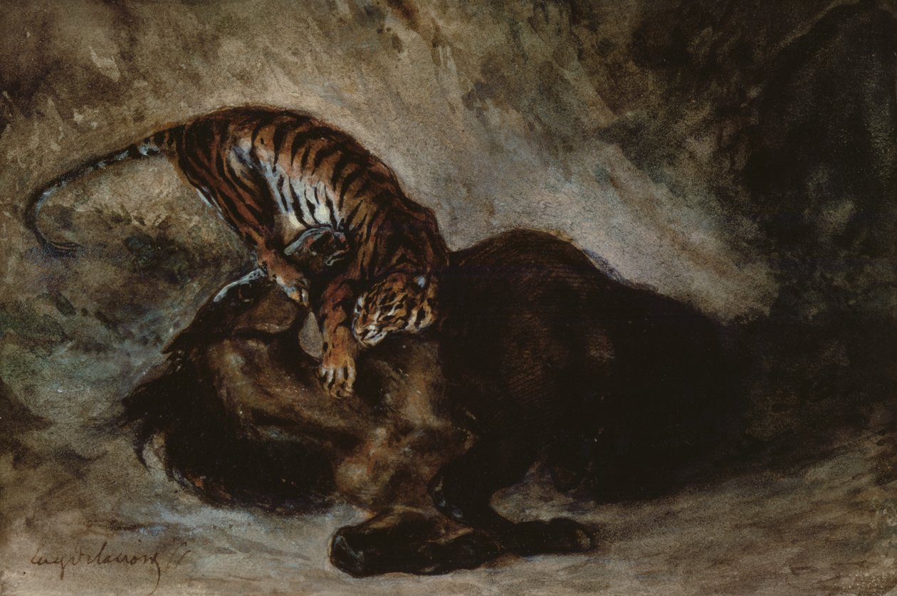 Tiger angriber en hest (wc på papir) af Ferdinand Victor Eugene Delacroix