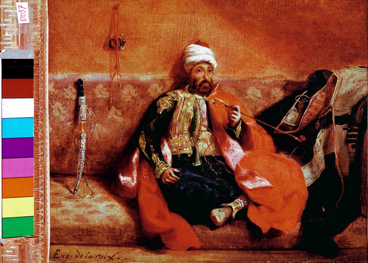 Tyrkisk rygning på en sofa. Maleri af Eugene Delacroix (1798-1863) af Ferdinand Victor Eugene Delacroix