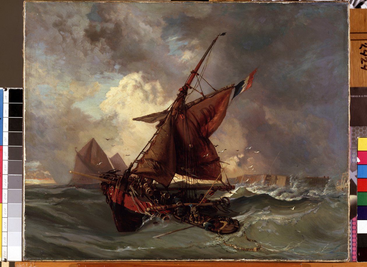 ""Et skib i stormen"" (Skibe på stormfuldt hav) Maleri af Eugene Delacroix (1798-1863) Mikalojus Konstantinas Ciurlionis Museum of Fine Arts fra det 19. århundrede, Kaunas, Litauen af Ferdinand Victor Eugene Delacroix