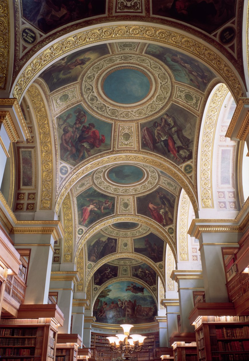 Udsigt over biblioteksloftet med forgyldt stuk ramme omkring spænder, der illustrerer bibelske og klassiske scener, 1844 af Ferdinand Victor Eugene Delacroix