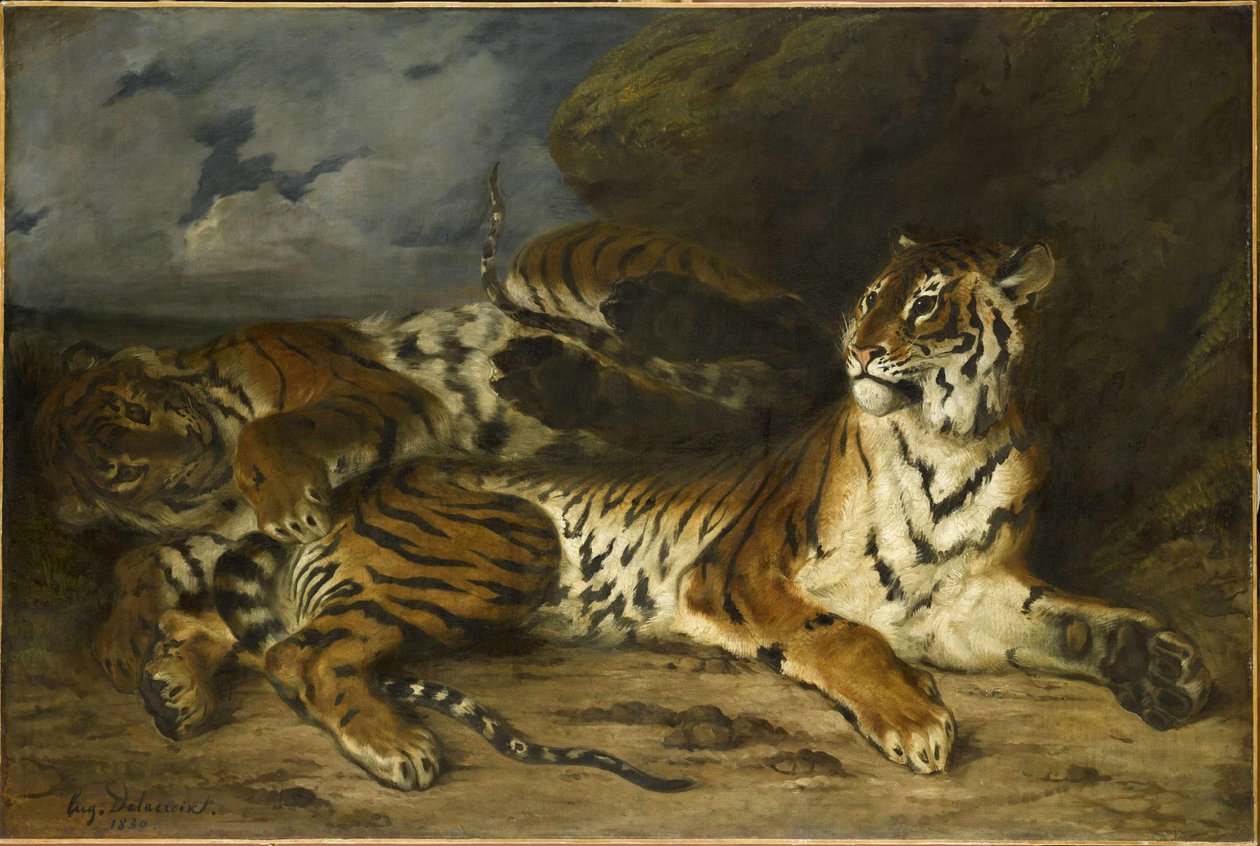 Ung tiger leger med sin mor, 1830. af Ferdinand Victor Eugene Delacroix
