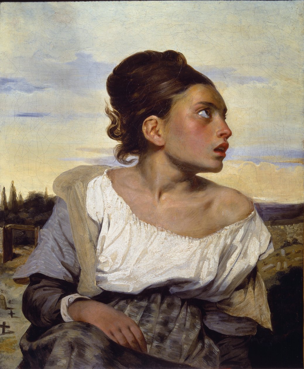 Ung forældreløs på kirkegården - olie på lærred af Ferdinand Victor Eugene Delacroix
