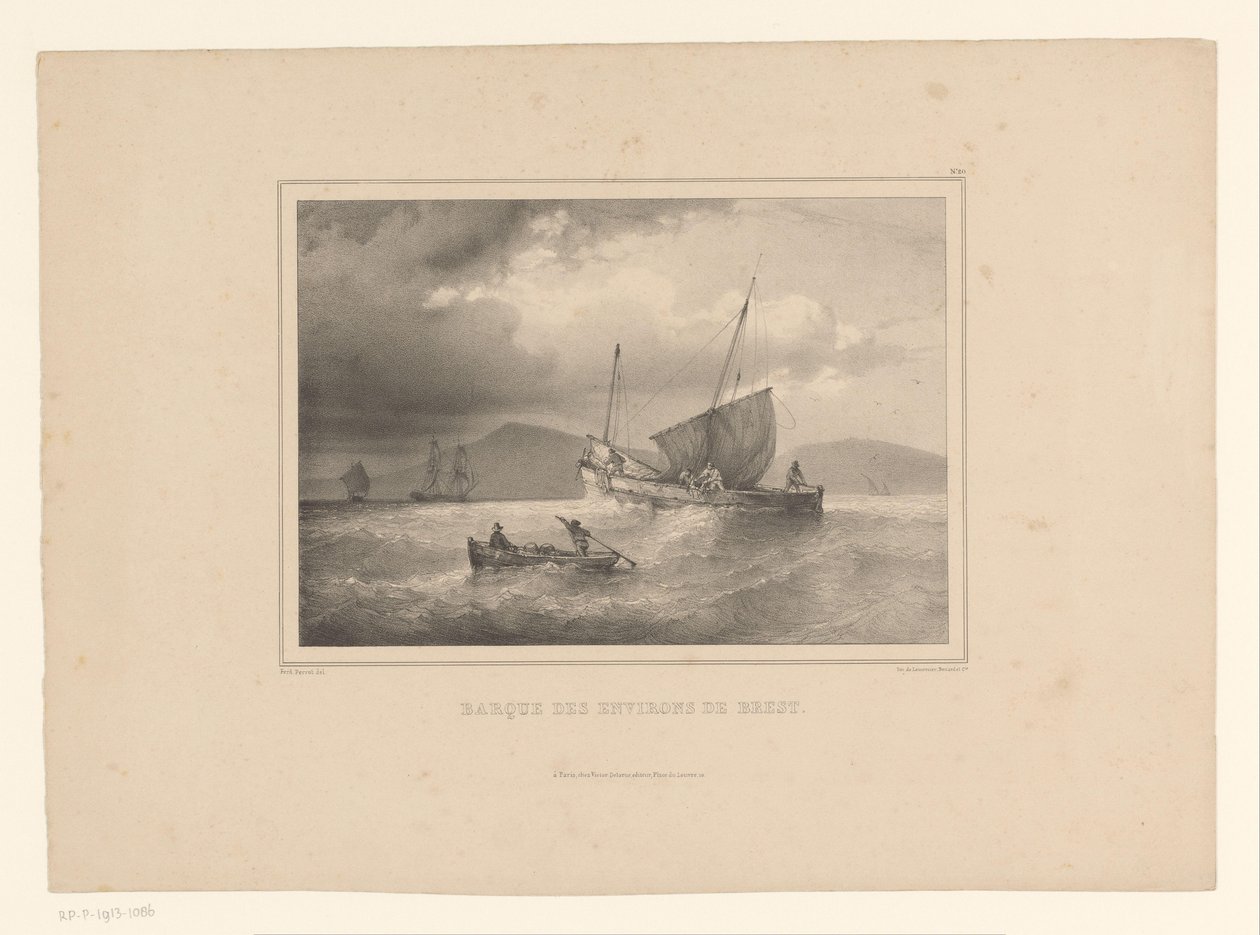 Strandet brig mellem de høje bølger Mursten a la cote (titel på objekt) Naval Studies af Ferdinand Victor Perrot (serietitel) af Ferdinand Victor Perrot