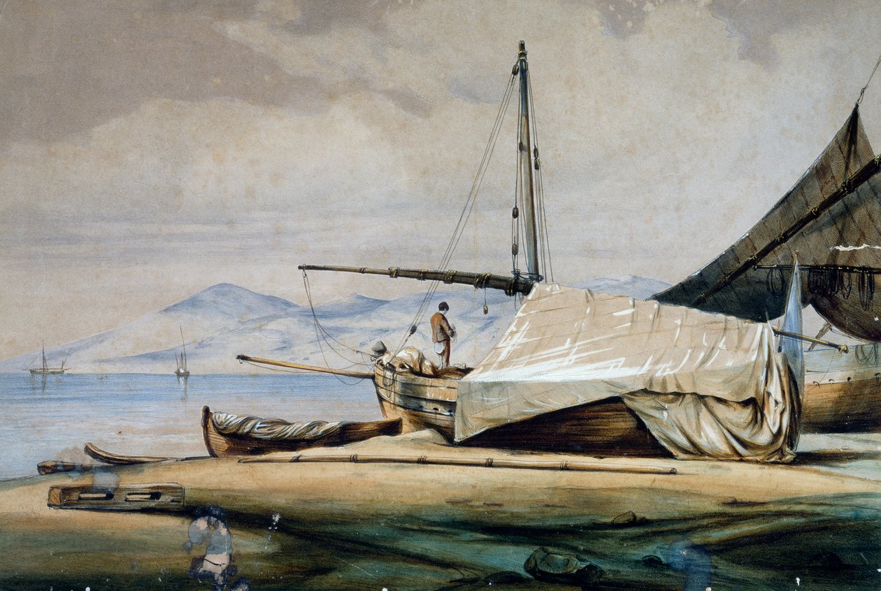 Leudi, ligurisk fiskerbåd, farvelitografi af Ferdinand Perrot af Ferdinand Victor Perrot