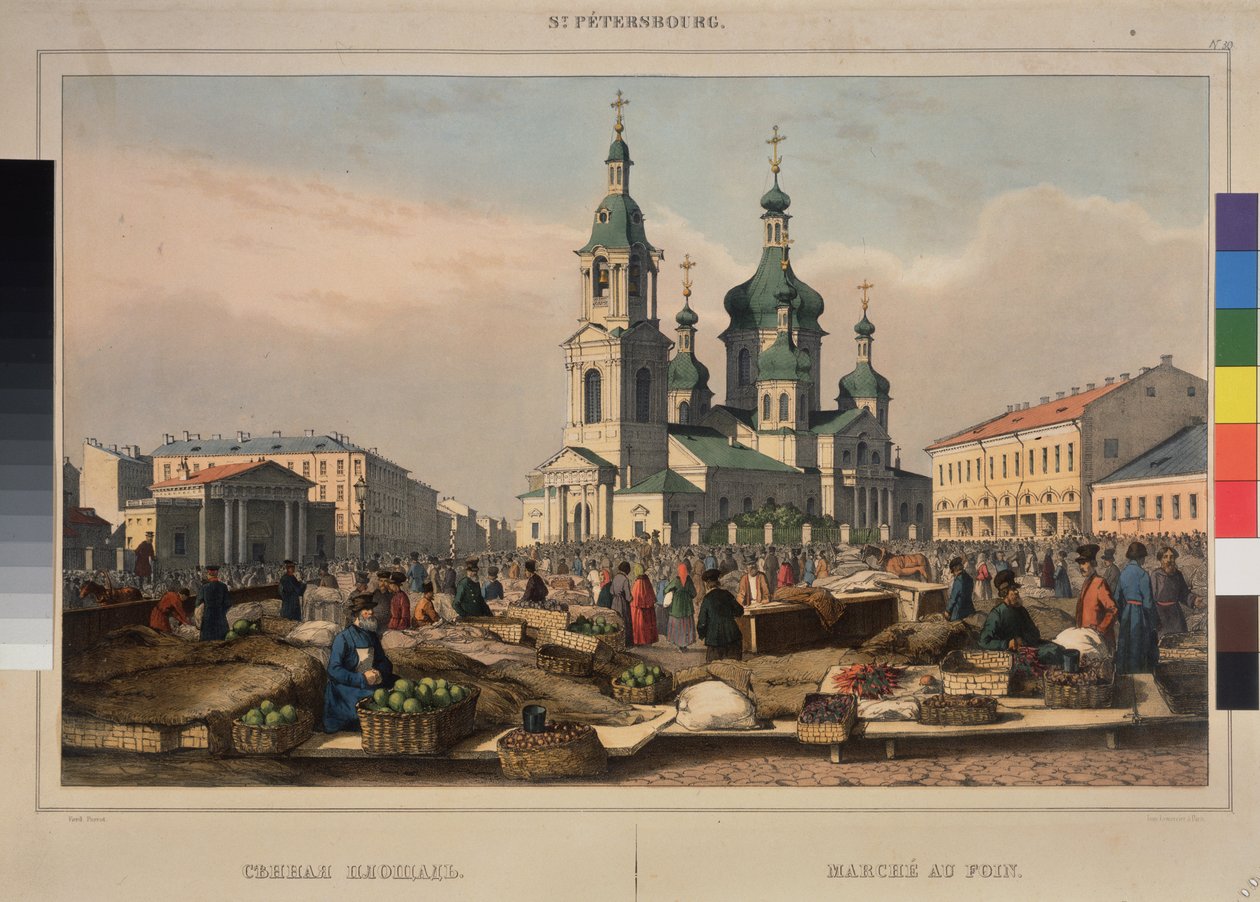 Hay Market og Cathedral of the Assumption of the God Mother, i Sankt Petersborg. Værk af Ferdinand Victor Perrot (1808-1841), litografi og akvarel på papir af Ferdinand Victor Perrot