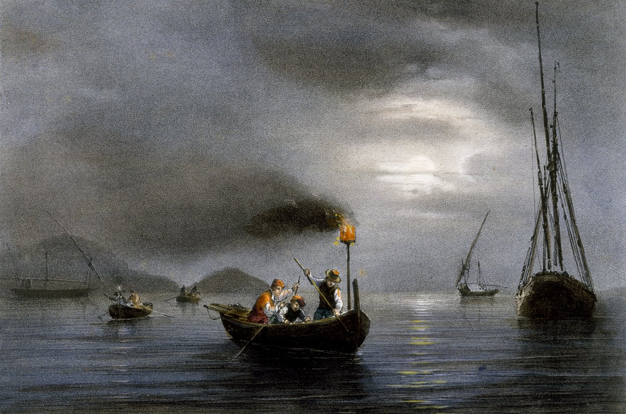 Natfiskeri med fiskelampe, farvet litografi af Ferdinand Perrot (1808-1841) af Ferdinand Victor Perrot