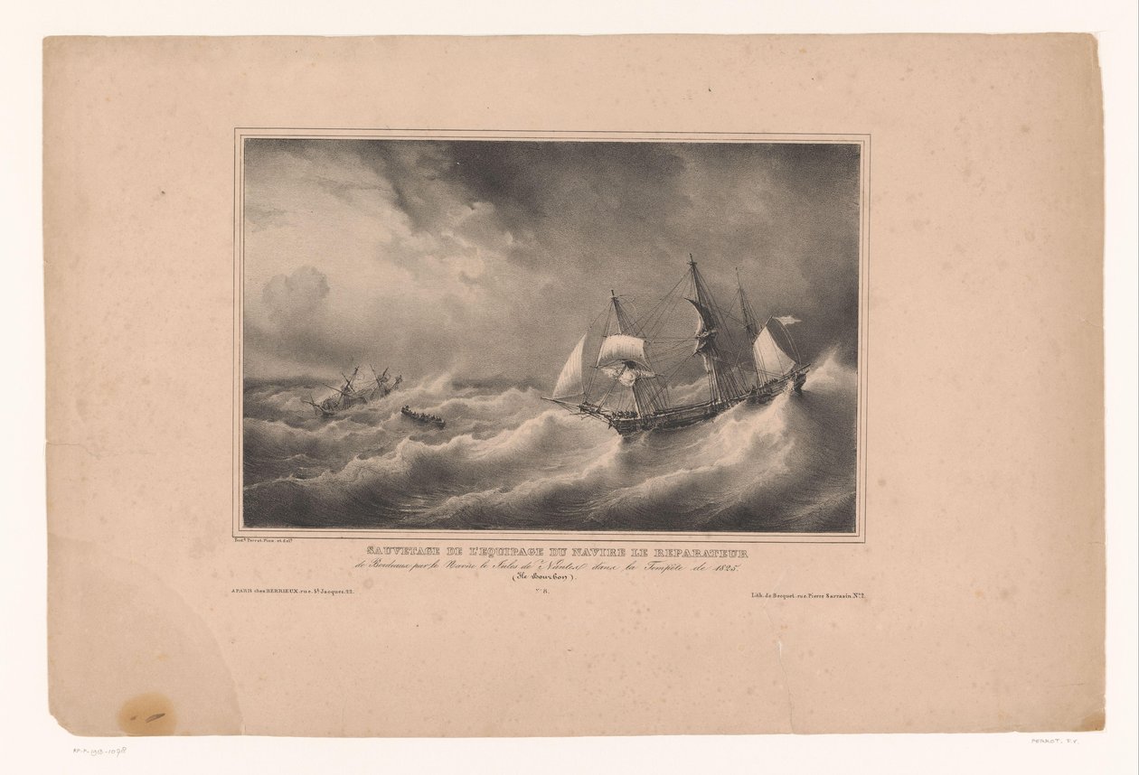 Redding van de bemanning fra skibsreparatøren Redning af besætningen på skibet Le Reparateur, fra Bordeaux af skibet Jules de Nantes i stormen 1825. (Ile Bourbon) (titel på objektet) Rivieren en zeeën langs af Franse kust (serie tit af Ferdinand Victor Perrot