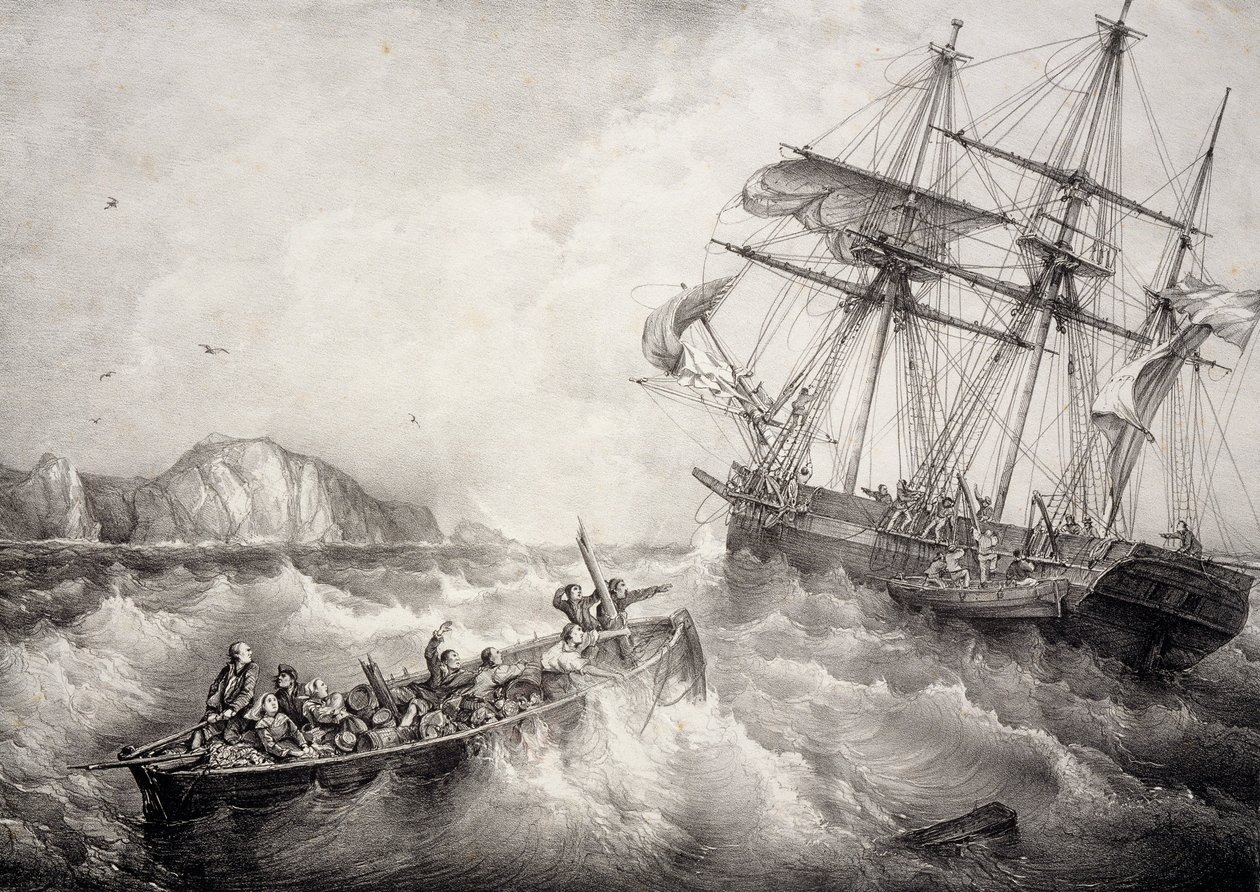 Redning af besætningen på bretonsk fiskerbåd af det svenske skib Le Neptune, Litografi af Ferdinand Perrot af Ferdinand Victor Perrot