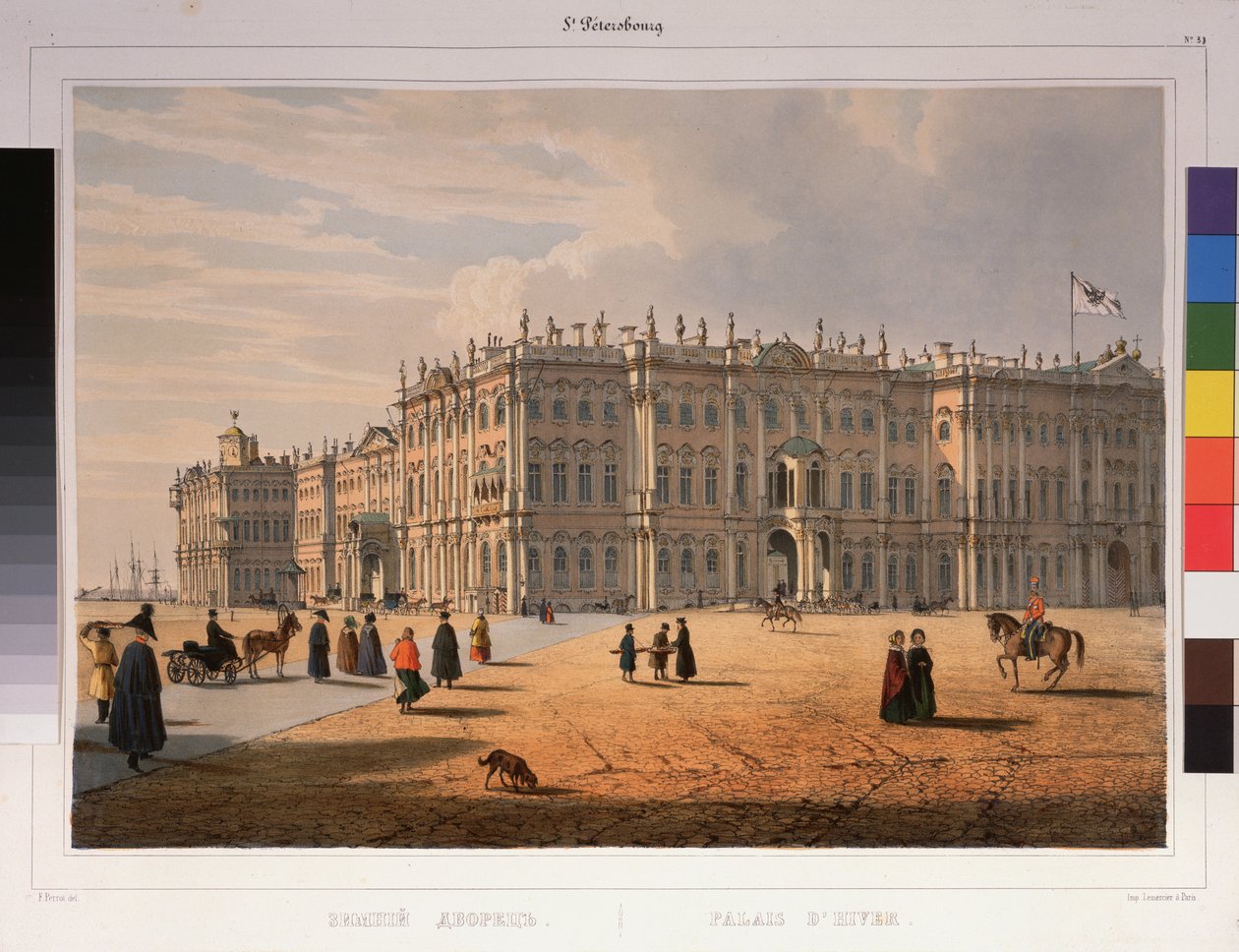 Udsigt over vinterpaladset i Sankt Petersborg. Værk af Ferdinand Victor Perrot (1808-1841), litografi og akvarel på papir af Ferdinand Victor Perrot