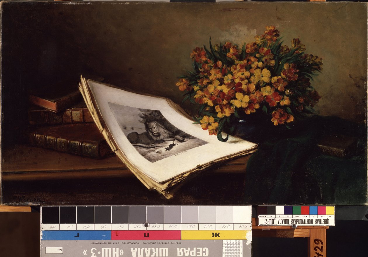 Stilleben med litografi. Maleri af Ferdinand Wagner (1819-1881). Olie på lærred, 48 x 86,5 cm. 1800-tallets tysk kunst. Statens M.K. Ciurlionis kunstmuseum, Kaunas (Litauen). af Ferdinand Wagner