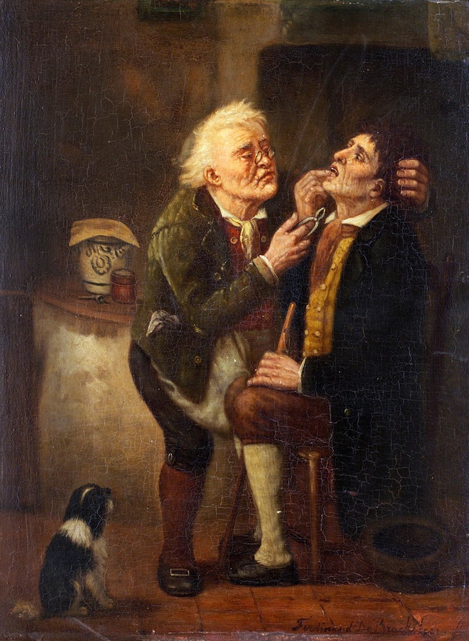 Hos tandlægen - Maleri af Ferdinand de Braekeleer den ældre (1792-1883), olie på træ (39x28,5 cm) af Ferdinand de Braekeleer
