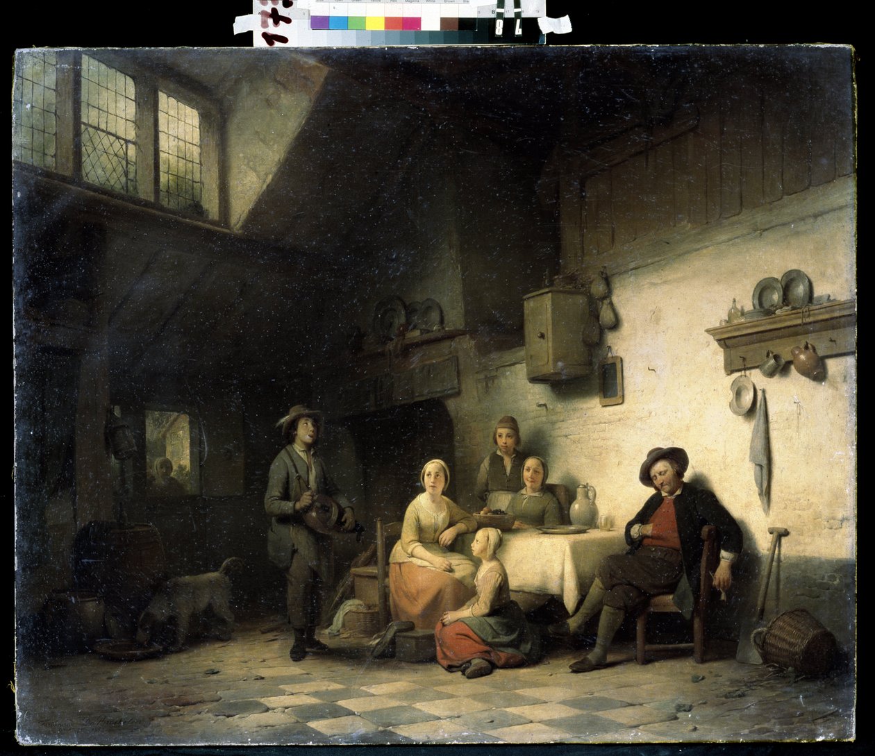 ""Le concert prive"" (Huskoncert) En familie, der er samlet i et beskedent interiør i Belgien, lytter til en musiker, der spiller på en skive. Maleri af Ferdinand de Braekeleer den Ældre (1792-1883) Mikhail Kroshitsky Art Museum fra det 19. århundrede, Sev af Ferdinand de Braekeleer