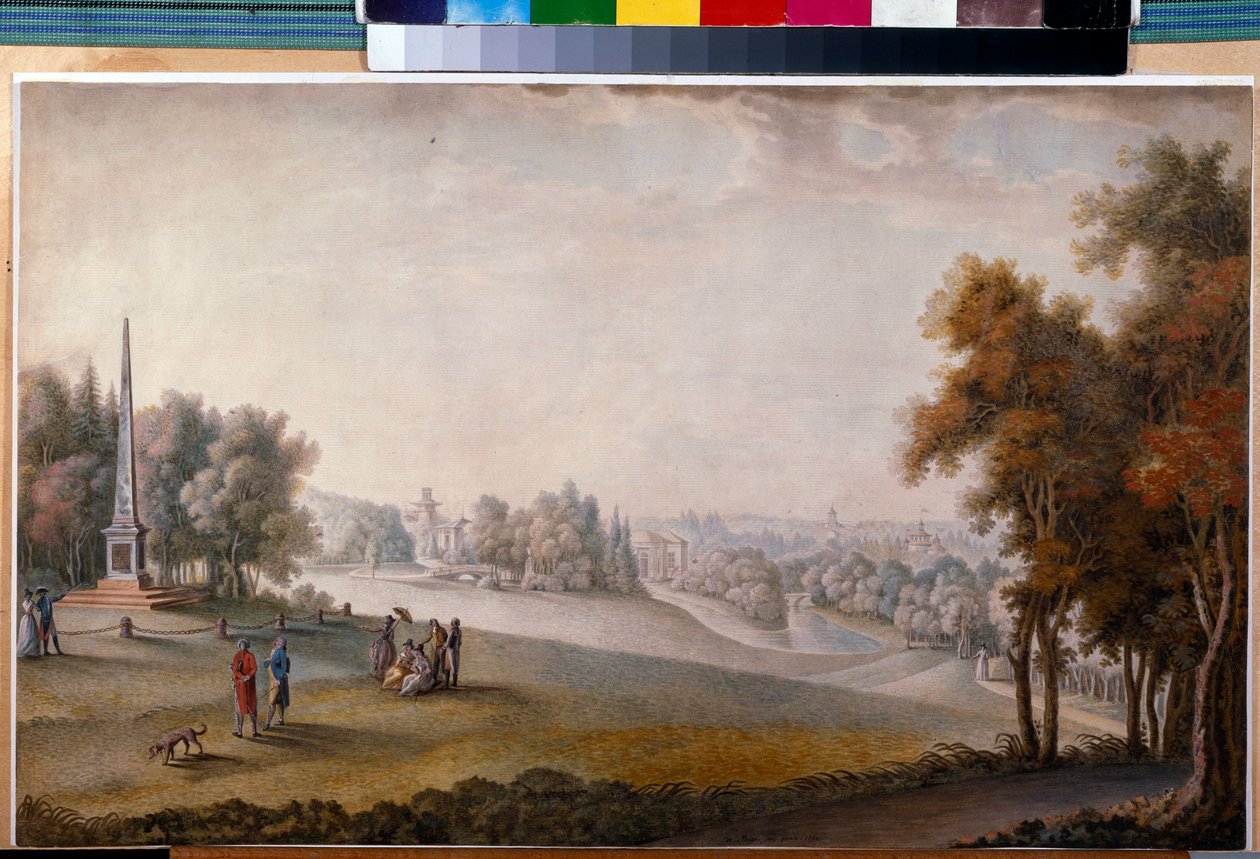 ""Udsigt over parken i Tsarskoye Selo"" af Ferdinand de Meys(?-ca 1810), Akvarel, Gouache på papir af Ferdinand de Meys