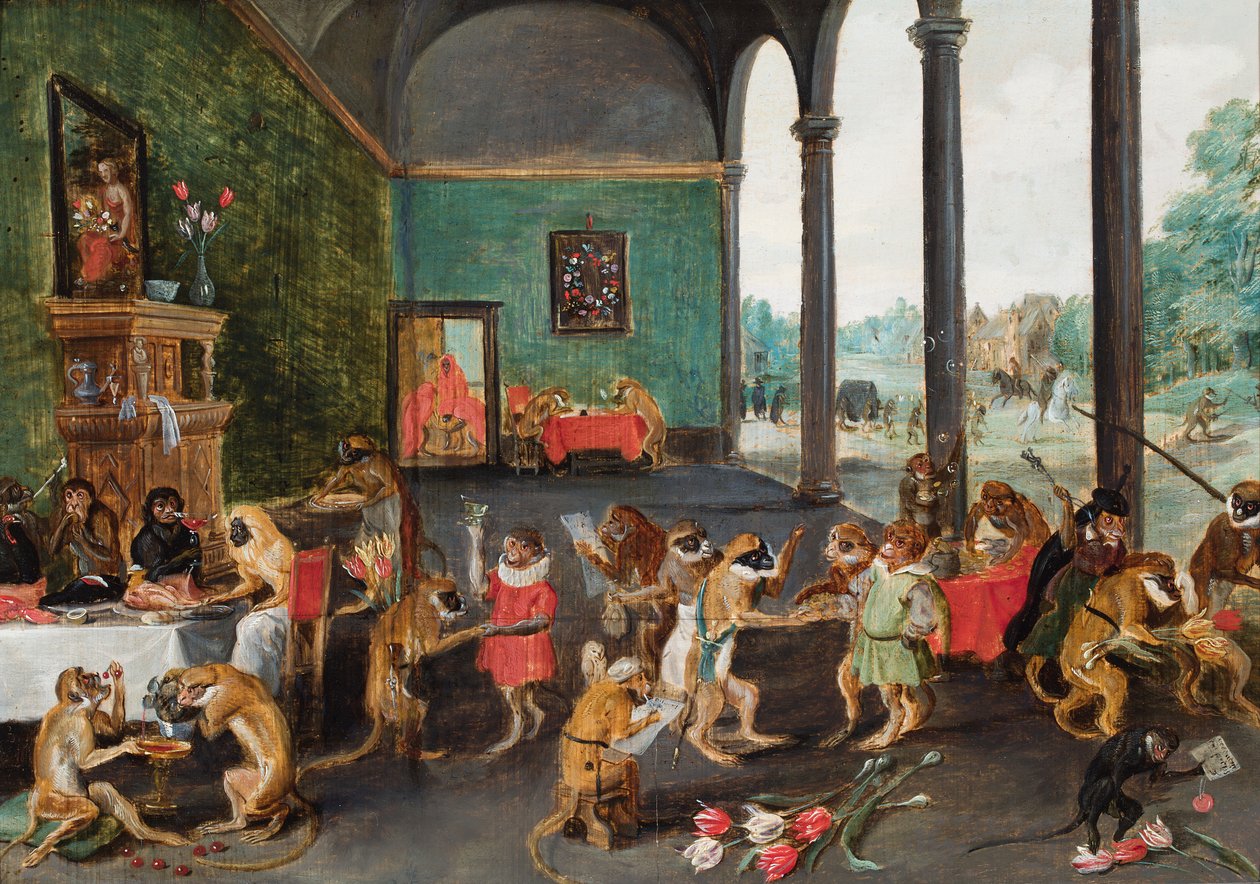 A monkey feast (olie på panel) af Ferdinand van Kessel