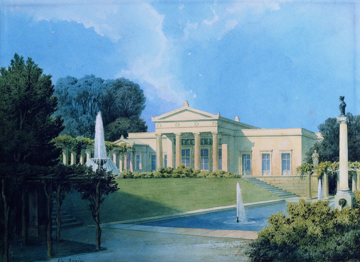 Udsigt over Charlottenhof fra haven, 1855 (pen & blæk og wc på papir) af Ferdinand von Arnim