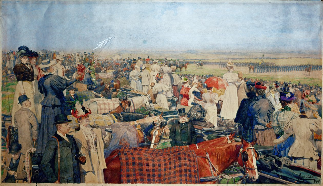 Forårsparade på Schmelz, Wiens største paradeplads ... (akvarel) af Ferdinand von Myrbach