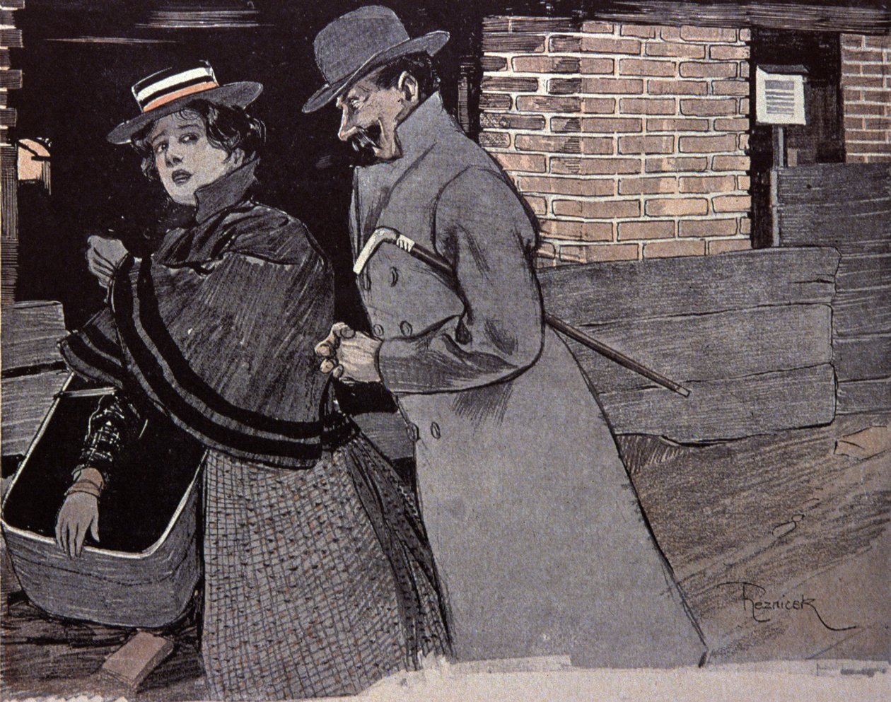 Mand chikanerer en ung kvinde. Illustration af F. Von Reznicek i: Simplicissimus, Tyskland af Ferdinand von Reznicek