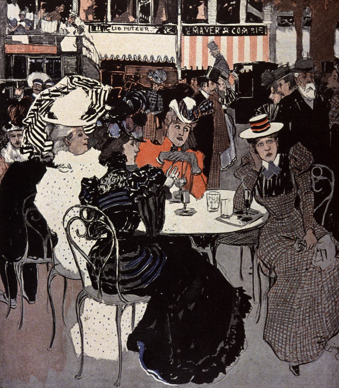 Kvinde taler ved et bord uden for en cafe. Illustration af Von Reznicek i: Simplicissimus, Tyskland af Ferdinand von Reznicek