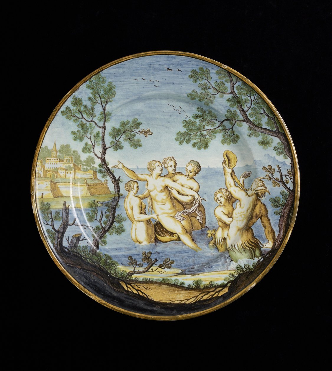 Plade med amfitrit og nymfer, ca. 1730 - 1750 (tinglaseret lertøj, maiolica) af Ferdinando Maria Campani