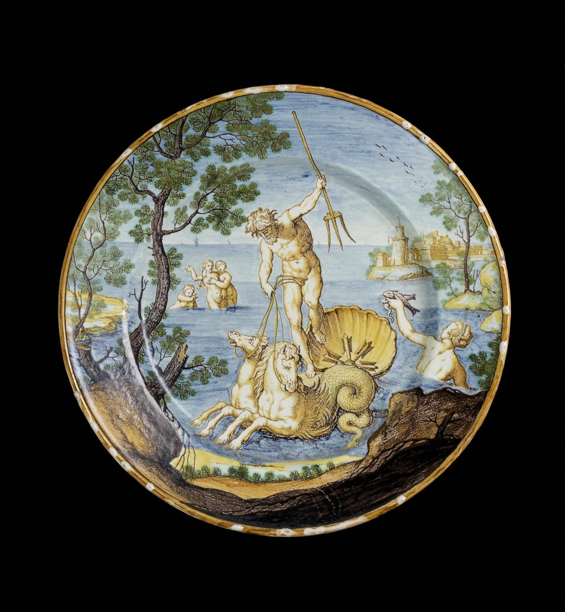 Tallerken med Neptun i sin vogn, ca. 1730 - 1750 Tin-glaseret lertøj, maiolica af Ferdinando Maria Campani