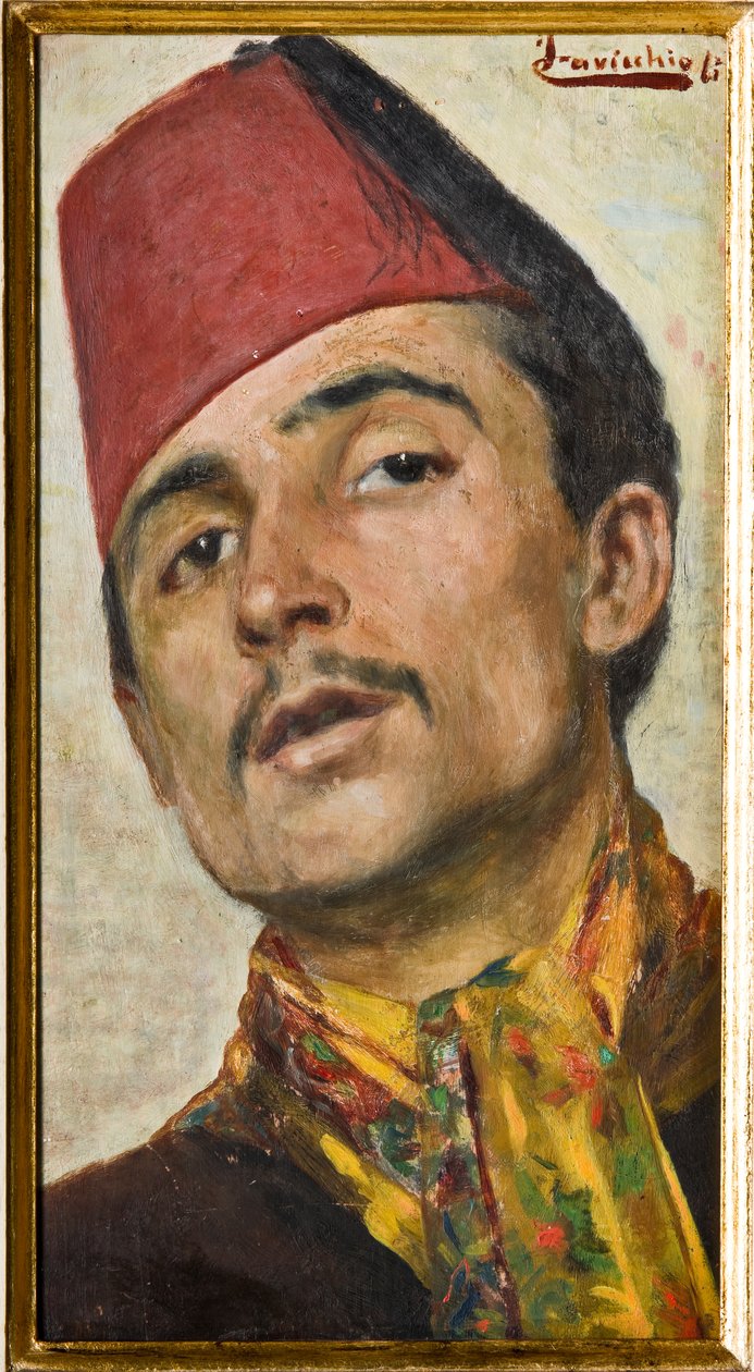 Mand iført fez (olie om bord) af Ferdinando Cavicchioli