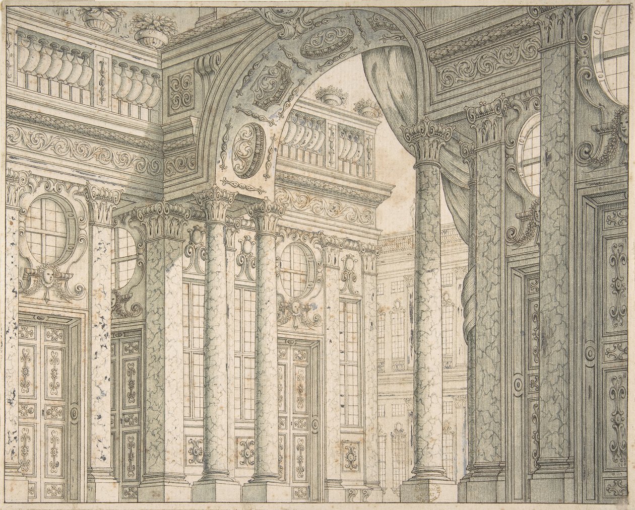 Design af et perspektiv for et scenesæt med gårdhave og triumfbue, ca. 1675-1743. af Ferdinando Galli Bibiena