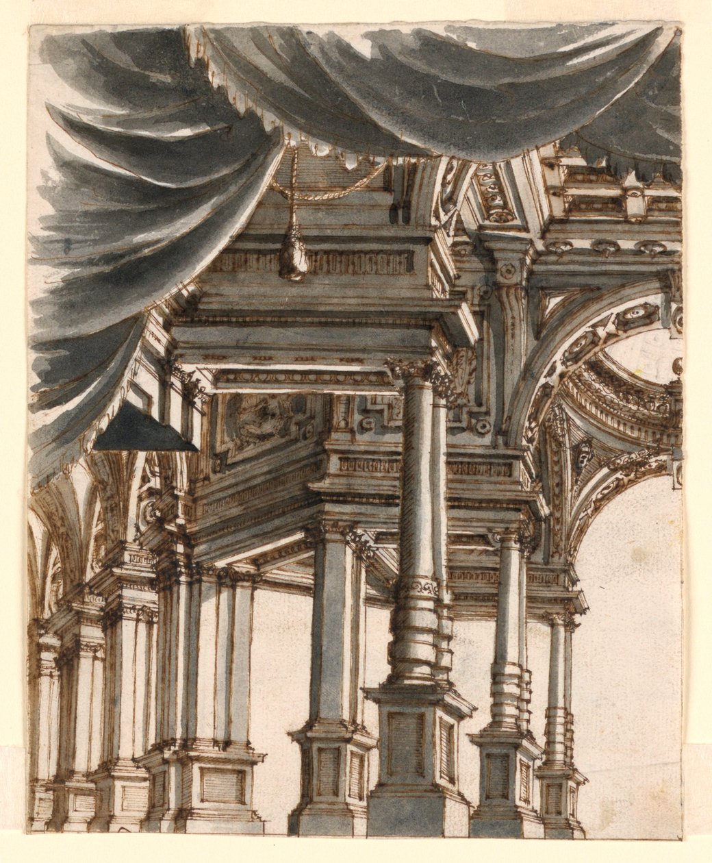 Scenedesign: Palace Atrium understøttet af søjler og søjler af Ferdinando Galli Bibiena