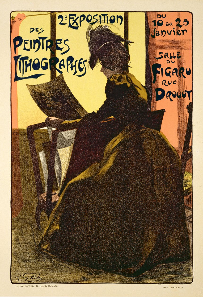 Reproduktion af en plakat, der reklamerer for den "Anden udstilling af litografiske malere", Salle du Figaro, Paris, 1899 af Fernand Louis Gottlob