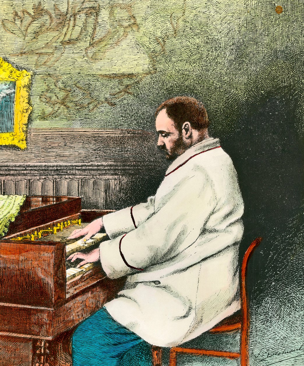 Portræt af Emile Zola (1840-1902), der spiller orgel. Stik af Desmoulin (1800-tallet). Saml. Gå ud. af Fernand Desmoulin