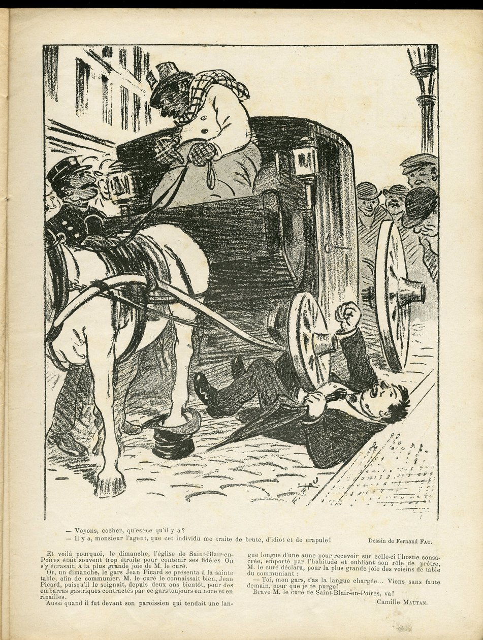Illustration af Fernand Fau (1858-1919) i Le Rire, 29/02/08 - Metiers, Transport, Katastrofeulykker, Caleche Fiacre Cab - Cochers Fiacres af Fernand Fau