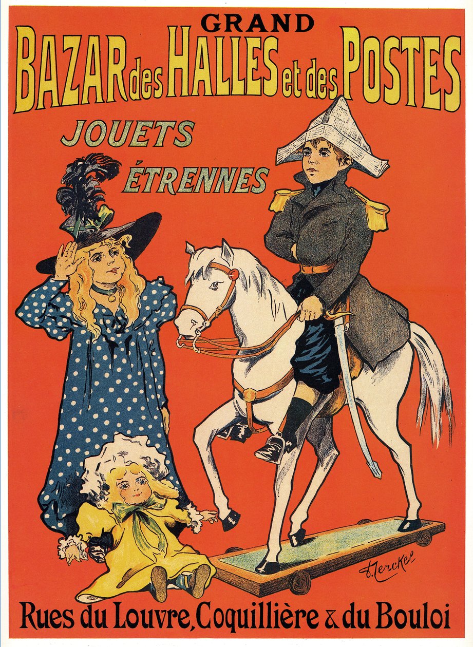 Reklameplakat for Grand Bazaar des Halles et des Posts: Legetøjs- og spilbutik (En lille Napoleon af træ, en heks og en dukke) Illustration af Fernand Fernel (Cerckel) (1872-1934) 1899 af Fernand Fernel