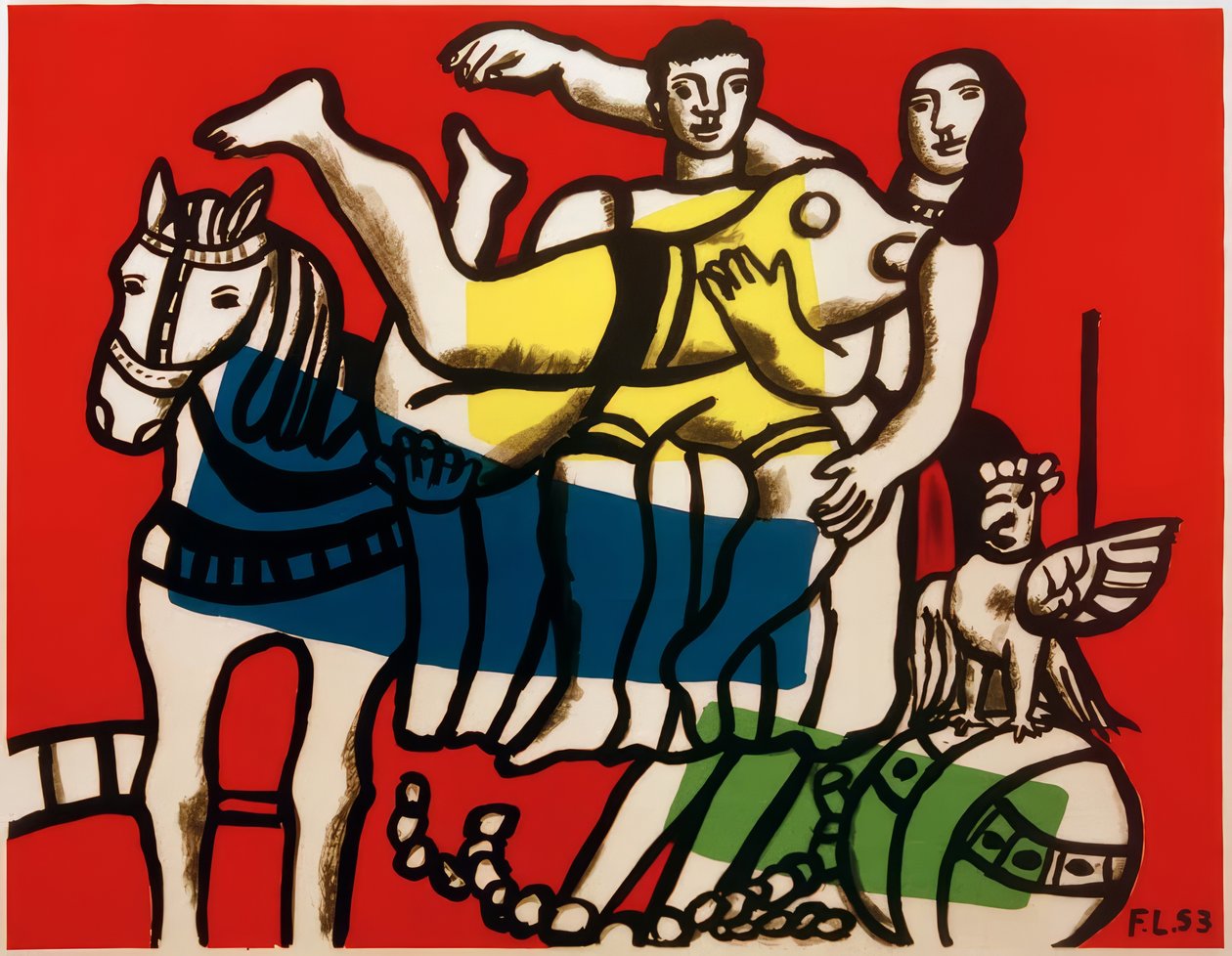 Cirkus, artister ved voltigering på en hvid hest af Fernand Leger