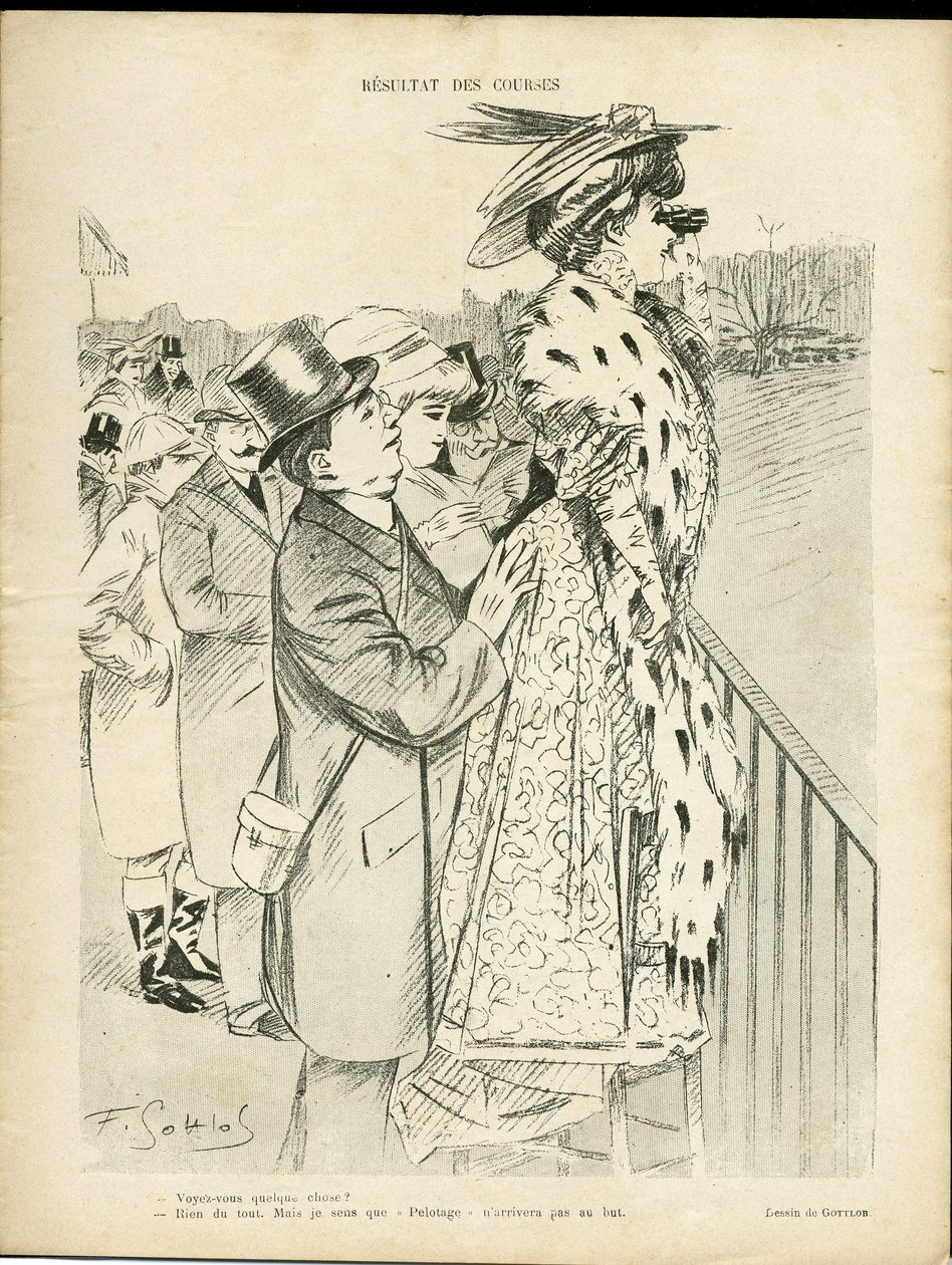 Illustration af Gottlob (1873-1935) i Le Lire, 21/12/07 - Resultater af løb - Kærlighed, Mode, de riges liv, Hippisme - Kvinder af Fernand Louis Gottlob