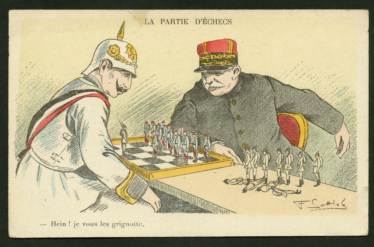 Postkort, satirisk i farver: Hein! I Snack You - War of 14 -18, Tyskland Preussen - William II, Joffre, Soldiers Illustration af Gottlob (1873-1935) af Fernand Louis Gottlob