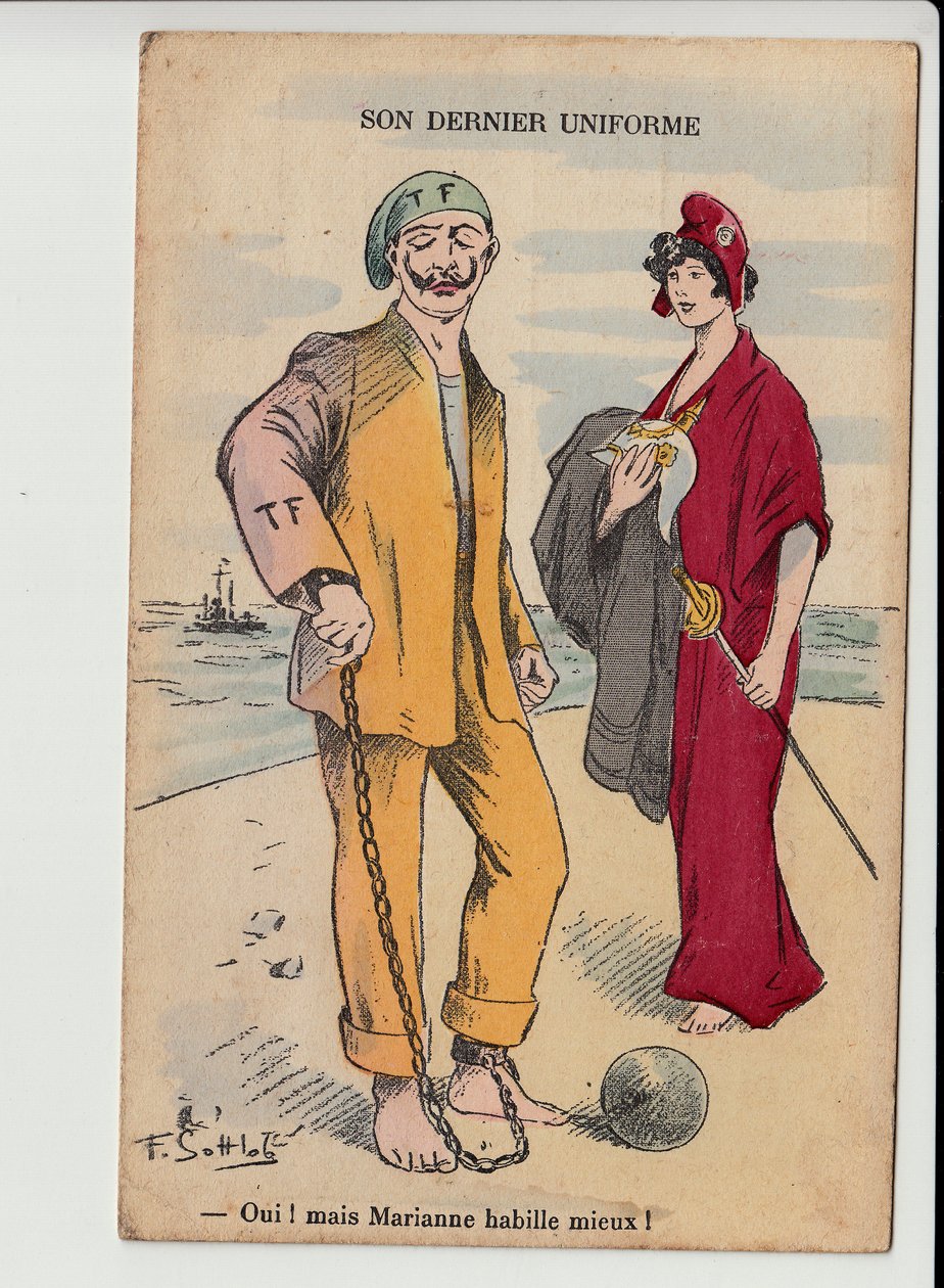 Postkort, Satirical in Colors: Her Last Uniform - War of 14 -18 - Marianne, William II Illustration af Gottlob (1873-1935) af Fernand Louis Gottlob