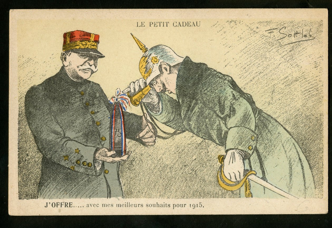 Postkort, satirisk i farver, ca. 1914_12: En lille gave, jeg tilbyder med mine bedste ønsker for 1915 - 14. -18. krigen, kanoner, skaller - Vilhelm II, Joffre Illustration af Gottlob (1873-1935) af Fernand Louis Gottlob