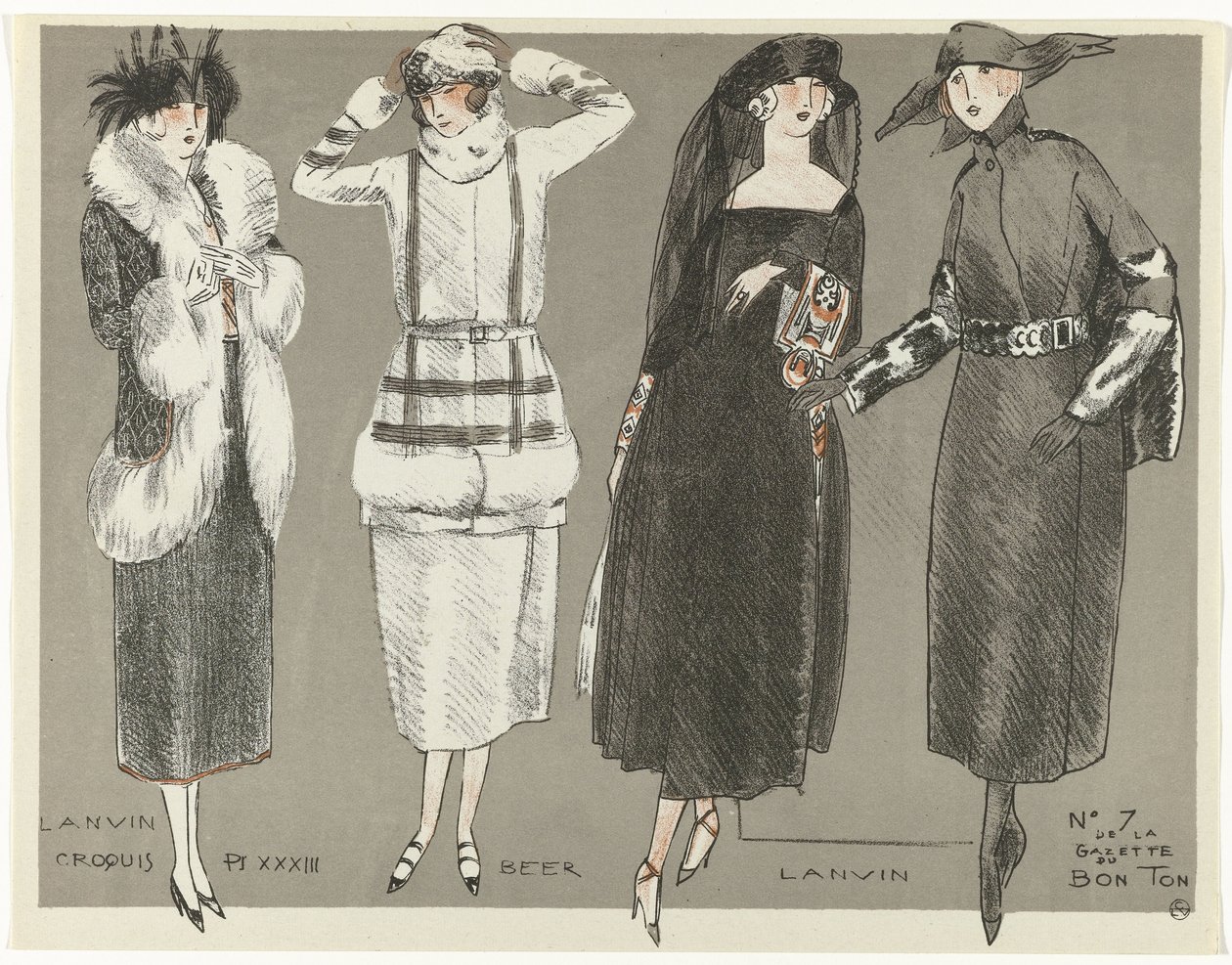 Gazette du Bon Ton, 1920 - nr. 7, Croquis Pl XXXIII: Lanvin / Beer / Lanvin (titel på objektet) af Fernand Siméon