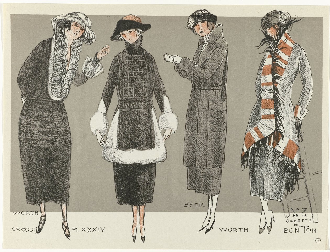 Gazette du Bon Ton, 1920 - nr. 7, Croquis Pl XXXIV: Værd / Øl / Værd (titel på objekt) af Fernand Siméon