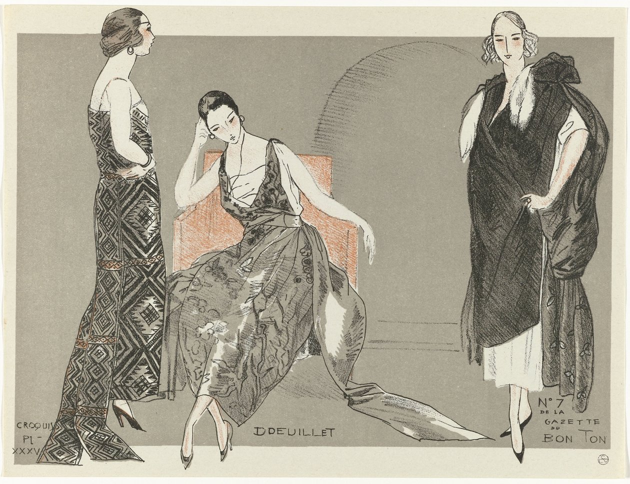 Gazette du Bon Ton, 1920 - nr. 7, Croquis Pl. XXXV: Doeuillet (titel på objekt) af Fernand Siméon