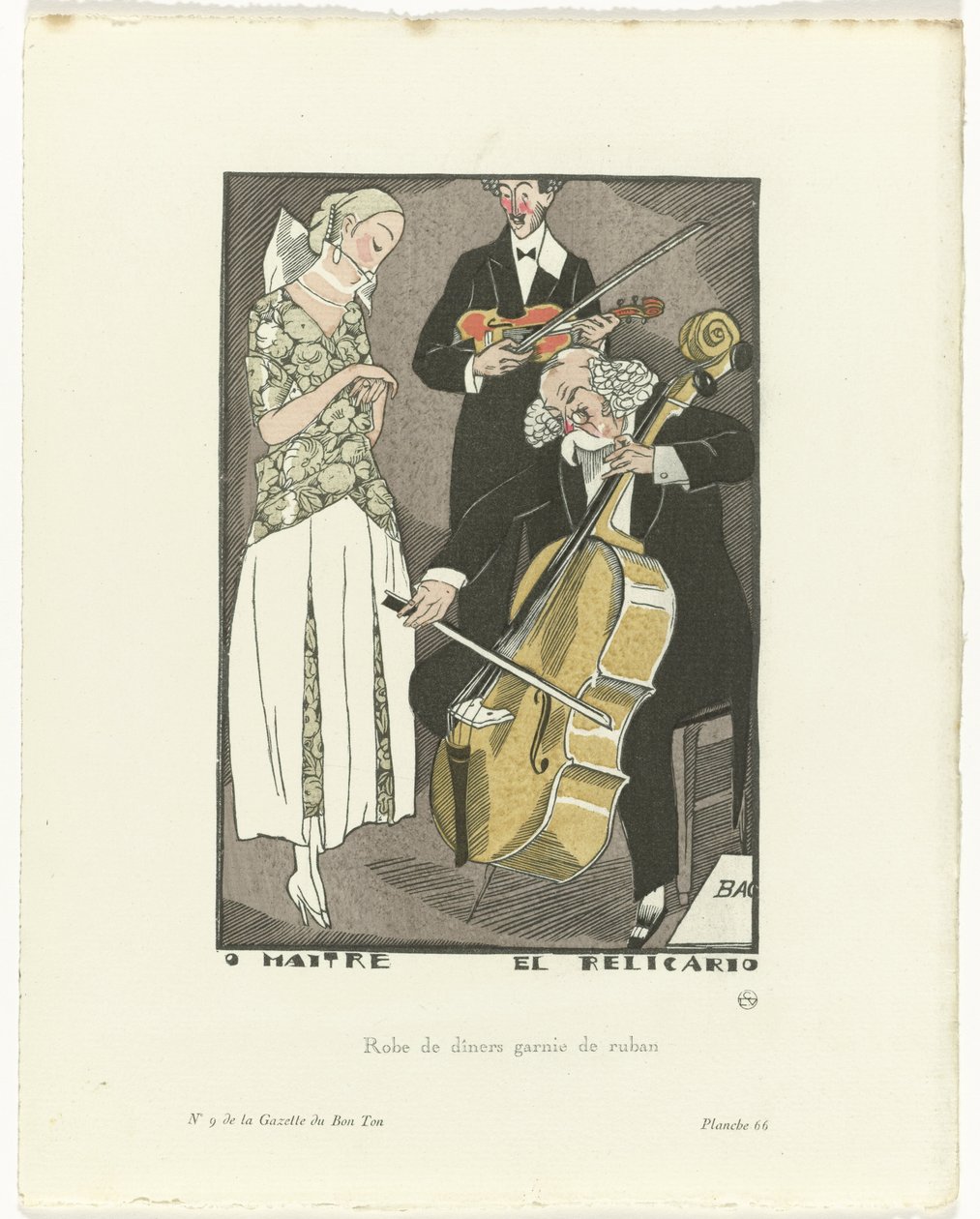 Gazette du Bon Ton, 1920 - nr. 9, Pl. 66: O Maitre el Relicario / Middagskjole trimmet med bånd (titel på objektet) af Fernand Siméon