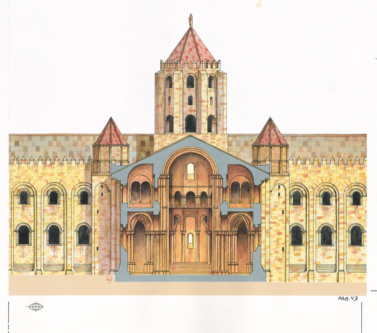 Santiago de Compostela romanske katedral.Tværsnit. Spanien af Fernando Aznar Cenamor