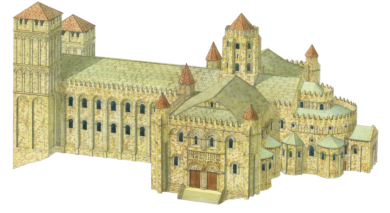 Santiago de Compostela romanske katedral. Rekonstruktion. Spanien af Fernando Aznar Cenamor