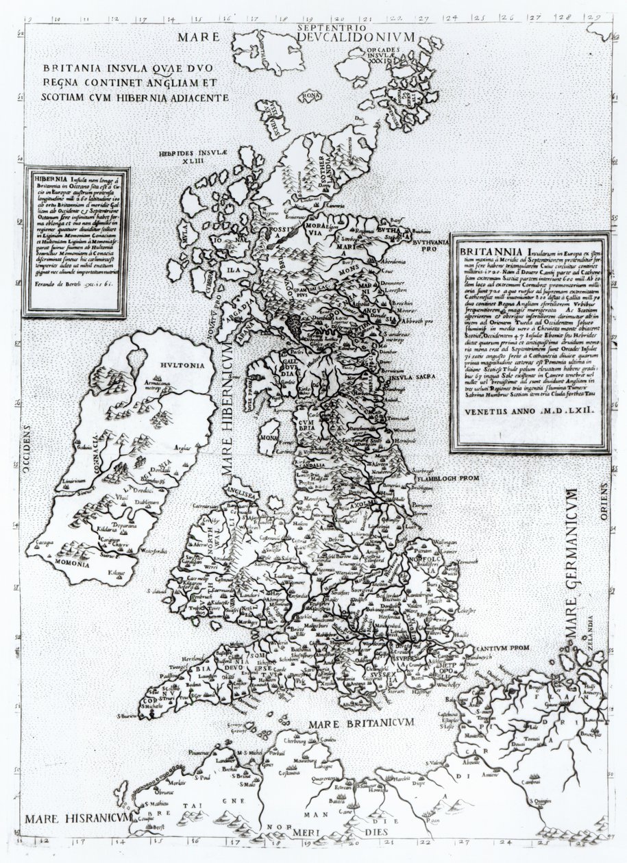 Storbritanniens ø, som indeholder kongerigerne England og Skotland, der støder op til Irland, indgraveret af Paulo Forlani, 1562 (kobberstik) af Fernando Bertelli