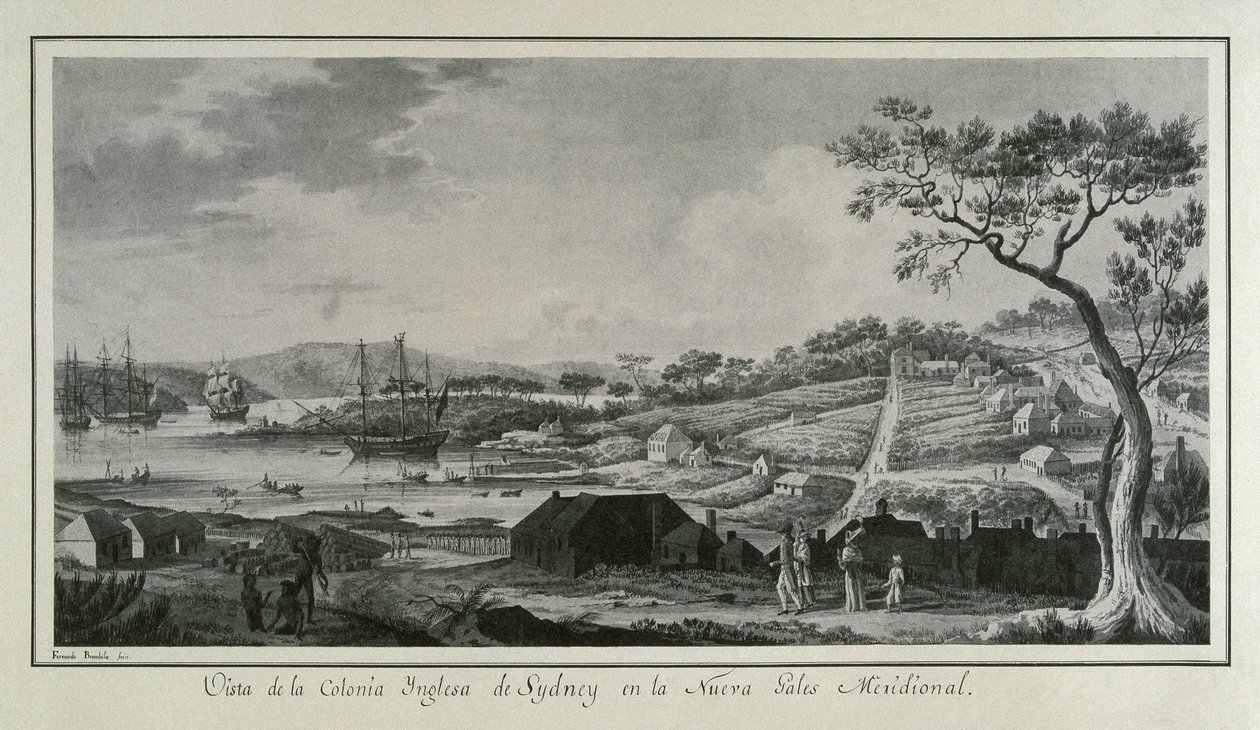 MALASPINA, Alejandro (1754-1809). Italiensk-spansk navigatør og opdagelsesrejsende; BRAMBILA, Fernando (1763-1834). Maler. Australien (18. årh.). Den engelske koloni New South Wales. Tegning af Fernando Brambila, der illustrerer Alejandro Mal