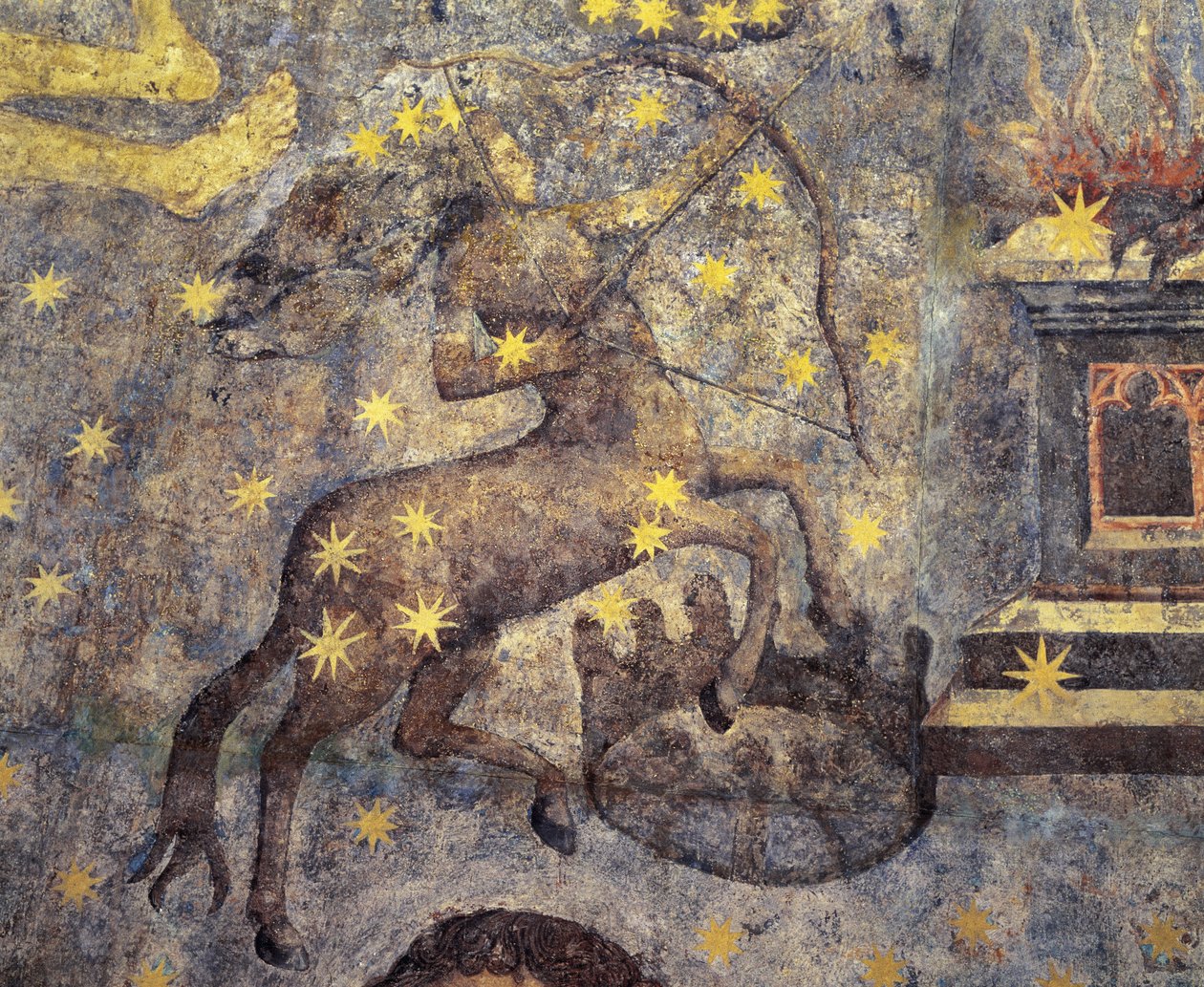 gotisk periode. Dome of the Zodiac (1485) af Fernando Gallego (1440-1507). XV århundrede. Vægmalerier. De dekorerer biblioteket på universitetet i Salamanca, Castilla, Spanien. Repræsenterer stjernetegn. Kentaur. Symbol for stjernebilledet. af Fernando Gallego