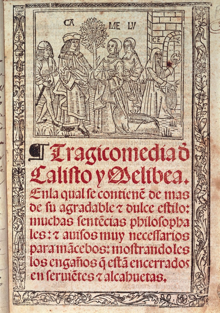 Miniature på pergament på forsiden af ​​The Celestina eller The Tragicomedy of Callisto and Melibea, udgivet i af Fernando de Rojas