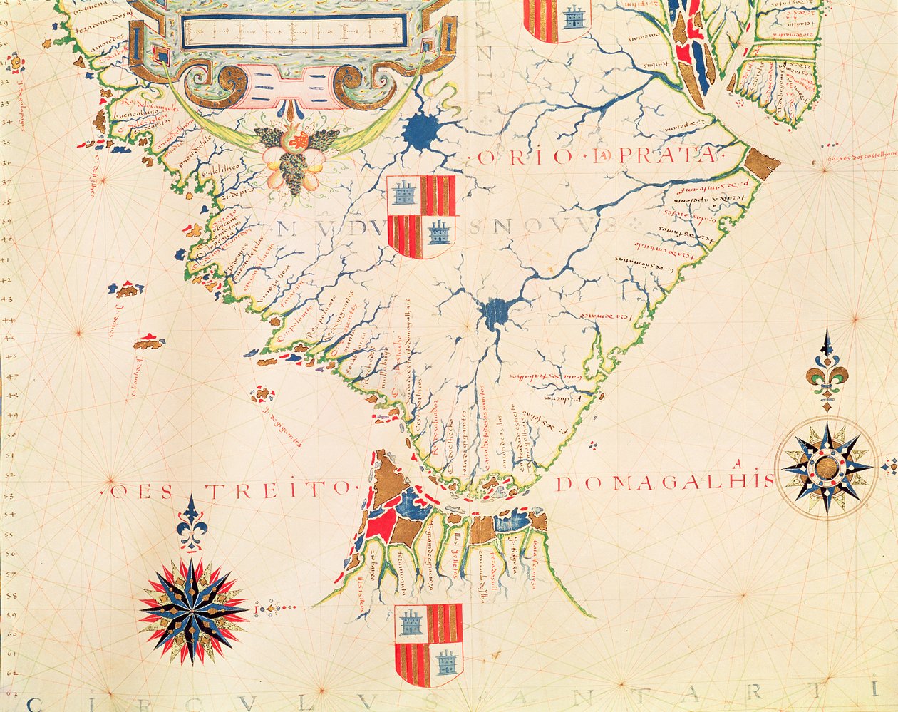 Fol.13 Kort over Sydamerika og Magellan-strædet, fra et atlas, 1571 af Fernao Vaz Dourado
