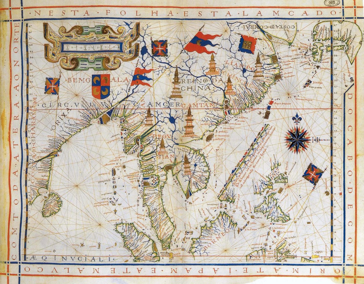 Plankort, præ-Mercator-kort fra 1571 af den portugisiske kartograf Fernao Vaz Dourado (ca. 1520-c1580). Kort over Østindien, Den Bengalske Bugt, Sydøstkina, Thailand, Borneo og Japan. Krebsens vendekreds er navngivet. af Fernao Vaz Dourado