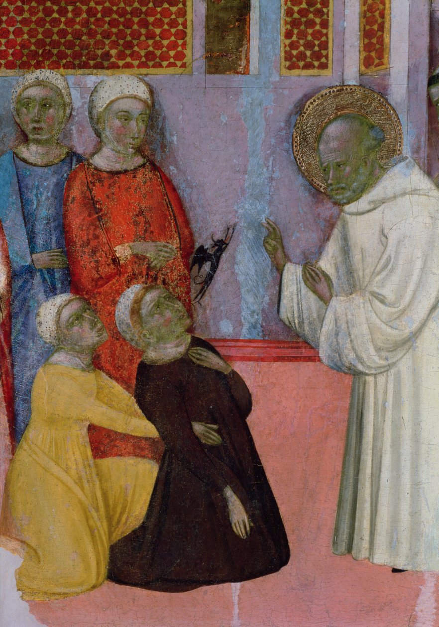 Eksorcisme af en mand besat af en dæmon, fra altertavlen af Sankt Bernhard af Clairvaux (olie på panel) af Ferrer (attr. to) Bassa